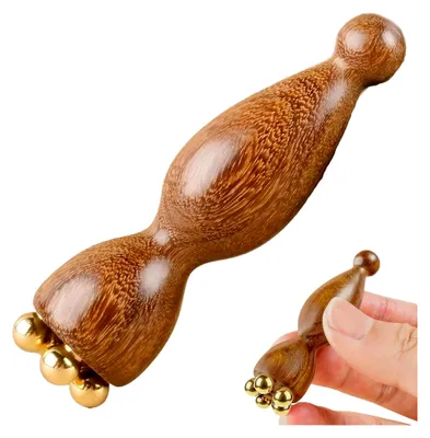 Produktbild von Gesichtsmassagegerät, Massageroller und Eisroller aus Sandelholz mit 5 Kupferkugeln, Reisegröße