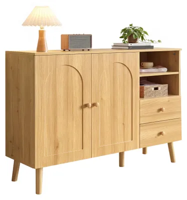 Imagen del producto de Mueble aparador Moonbite de 118 cm con puertas frontales curvas, cómoda con dos puertas, dos cajones y estantes abiertos, tiradores de madera, patas de madera, fabricado con panel de MDF y aglomerado, color natural