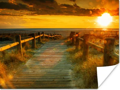 Produktbild von MuchoWow® Poster Sonne - Strand - Düne - Horizont - Gras - Weg - Orange 120x90 cm - Wandbild