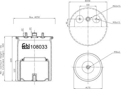 Produktbild von FEBI BILSTEIN Luftfederbalg 108033 ungelenkte Nachlaufachse für DAF CF 485mm 152mm 228mm 170mm