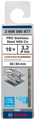 Zdjęcie produktu dla Wiertło do metalu Bosch HSS-Co, DIN 338, 3,2 x 36 x 65 mm, opakowanie 10 sztuk 2608585877