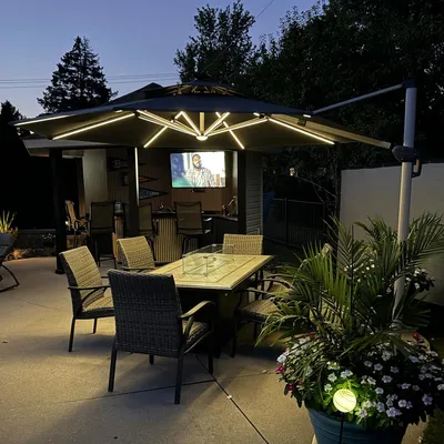 Produktbild von PURPLE LEAF Ampelschirm Sonnenschirm mit LED Solar Beleuchtung 330 cm Marktschirm Groß 360° Rotation, Balkonschirm mit Kurbel Sonnenschutz UV50+, Grau