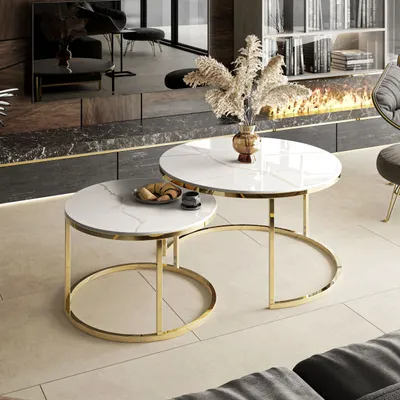 Produktbild von Runder Couchtisch SELAVI 2in1 Gold Chrom/ Weiß Marmor