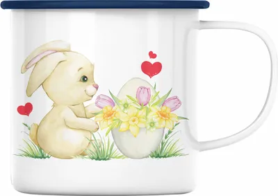 Produktbild von Trendation - Emaille Tasse Ostern Ostergeschenke Kinder Jugendliche Geschenke Lustige Grafik Osterhase Osterei (Blau)