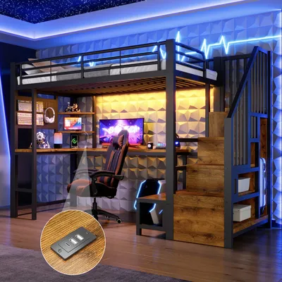 Immagine prodotto di Letto a soppalco Merax 90x200 cm, letto a castello con scrivania, prese USB e USB-C, illuminazione LED, pannello forato, scaffali, letto per bambini, struttura in metallo, colore nero