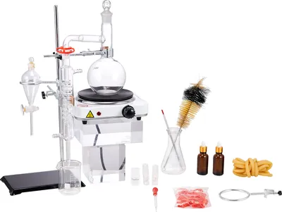 Produktbild von SucceBuy destilační sada pro esenciální oleje, 500 ml, 3,3 boro sklo s topnou deskou 1000 W, připojení 24/40, 33dílná laboratorní sada