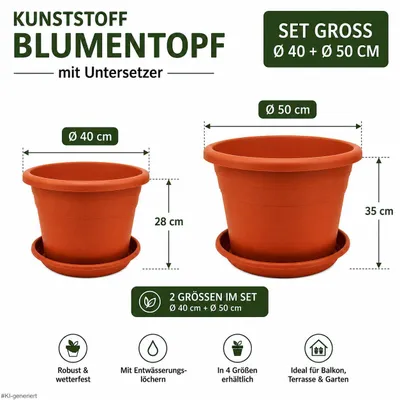 Produktbild von Kunststoff Blumentopf mit Untersetzer – Größe Ø 40 und 50cm - Farbe Terracotta