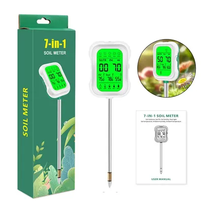 Produktbild von 7in1 Boden Tester mit LCD Display pH Messgerät Bodenfeuchte Licht Nährstoff Garten Pflanzensensor