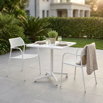 Immagine prodotto di Milani Home - Set Tavolo Giardino Quadrato Fisso 70x70 Con 2 Poltrone In Ferro Bianco Per Esterno - Bianco
