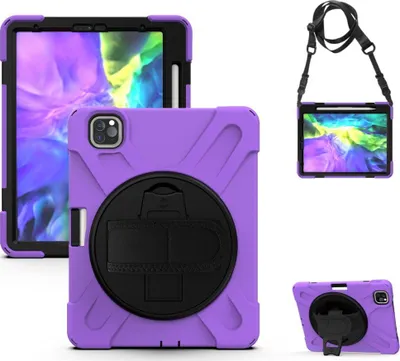 Produktbild von Mobigear SureGrip XGuard Hülle für iPad Pro 11 Zoll (2021) – Kunststoff, Silikon, Rückseite mit Stifthalter, Schultergurt und Ständer – Schwarz / Lila