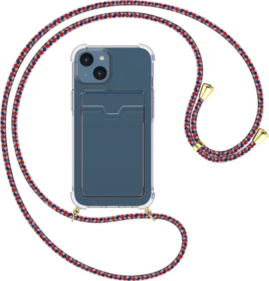 Produktbild von Handykette Backcover-Schutzhülle mit Band (Metall goldfarben) für Apple iPhone 15 - silber/blau/rot