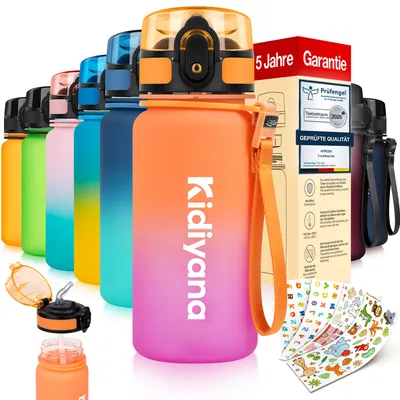 Productafbeelding van 4FRESH Kinderfles 350 ml, gemaakt van Tritan – BPA-vrij, lekvrij met rietje, één druk op de knop om te openen, handige lus en stickers