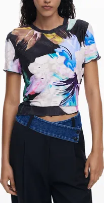 Produktbild von Damen Kurzarm T-Shirt Schwarz mit Kontrastdetails und Rundhals