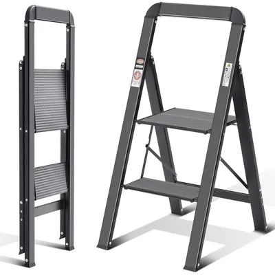 Immagine prodotto di Scala a due gradini in alluminio pieghevole, con corrimano, antiscivolo, portata massima 150 kg, colore nero