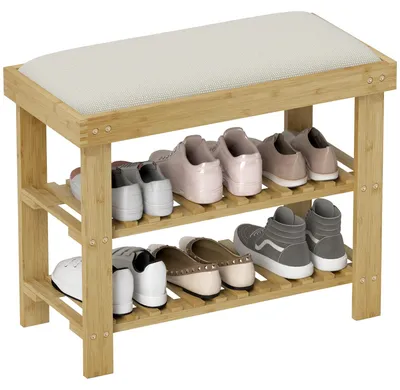 Image de Étagère à chaussures en bambou - Banc à chaussures avec 2 étagères - Pour 6 paires de chaussures - Idéal pour l'entrée ou la chambre - 60x29x49 cm - Blanc