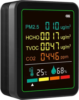 Produktbild von Luftqualitätsmesser 6 in 1 CO2 TVOC HCHO PM2,5 Temperatur Feuchtigkeit Detektor Tester Indoor tragbar