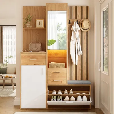Produktbild von Merax Kompaktgarderobe mit LED Beleuchtung, Schuhschrank mit Sitzbank, Spiegel, Schubladen, Klappschuhfach, Flurgarderobe Eingangsmöbel, Weiß Natur