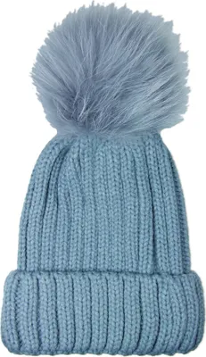 Produktbild von Damen Beanie Strickmütze mit Fellbommel - Hellgrau