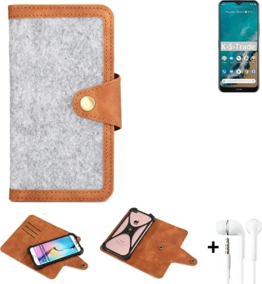 Produktbild von K-S-Trade Handyhülle + Kopfhörer kompatibel mit Nokia G50 Schutzhülle Filz Hülle Kunstleder hellgrau braun (1x)