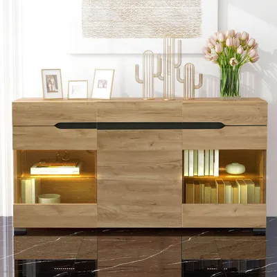 Obrázek produktu pro okwish LED příborová skříňka se 3 dveřmi 3 šuplíky moderní komoda natural