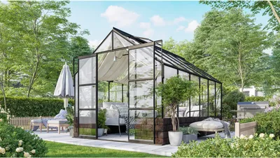 Zdjęcie produktu dla Szklarnia Vitavia "Cassandra 9900" czarna 9,9 m² ze ścianą dolną w jesienne liście, bezpieczne szkło hartowane 3 mm