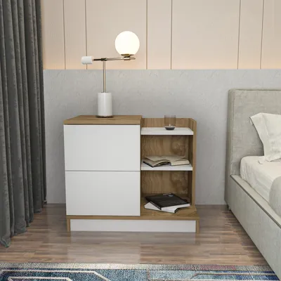 Produktbild von Skye Decor, Rena - White, Oak, Nachttisch, Weiß, 100 % MELAMINBESCHICHTETE SPANPLATTEN, 72 x 45 x 60 cm