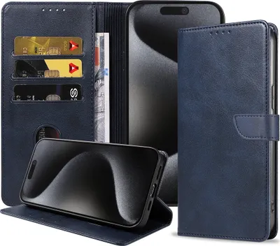 Produktbild von Geeignet für iPhone 15 Pro Max Handytasche Kunstleder mit magnetischer Lippe und Kartenhalter Buchhülle mit Klappe - Blau - Smartphonica