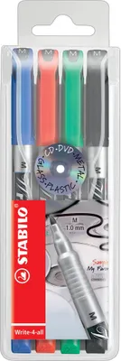 Zdjęcie produktu dla STABILO Write-4-all, Czarny, Niebieski, Zielony, Czerwony, Średni, 1 mm, Ceramika, Folia, Szkło, Metal, Plastik, 14 mm, 57 mm