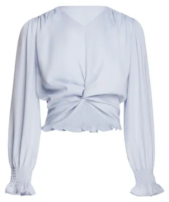 Produktbild von Blaue Satin Bluse XXS mit V-Ausschnitt, langen Bischofsärmeln und Twist-Detail