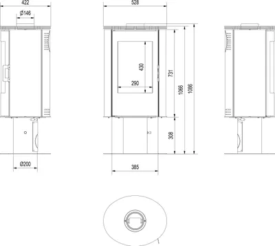 Produktbild von Kaminofen aus Stahl KRATKI AB S/N/DR mit Standfuss 8 kW Ø 150 mit Zubehör