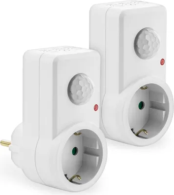 Produktbild von deleyCON 2x Infrarot Bewegungsmelder für Steckdosen im Innenbereich Lichtsteuerung 120° Arbeitsfeld 9m Reichweite eingebauter Lichtsensor einstellbare Empfindlichkeit Weiß