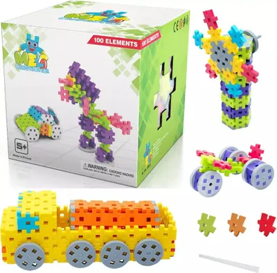 A collage of building block toys, showing the packaging and several assembled models.