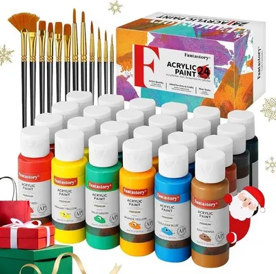 Obrázek produktu pro Sada akrylových barev Famanu – voděodolné akrylové barvy – 24 kusů po 60 ml – 12 štětců