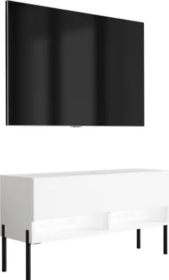 Produktbild von TV-Lowboard 100 cm Mattweiß, gerade schwarze Beine, weiße LED, 100 × 32 × 52 cm