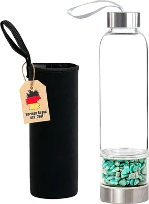 Produktbild von Intirilife Trinkflasche Wasserflasche mit Heilsteinen mit schwarzer Tasche - Türkis - 400 ml Füllmenge - Flasche mit Edelsteinen Mineralsteinen