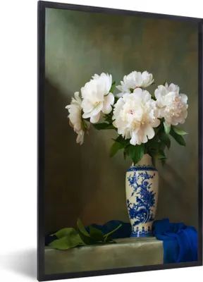 Produktbild von MuchoWow® Gerahmtes Poster Vase - Pfingstrosen - Weiß 40x60 cm - Poster mit Schwarzem Bilderrahmen Wandposter Rahmen Foto Bilder - Papierdruck - Wandbilder