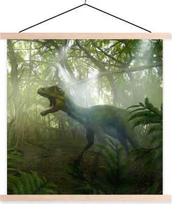 Produktbild von MuchoWow® Textilposter Dinosaurier - Dschungel - Pflanzen 40x40 cm mit holzfarbenen Rahmen - Posterleiste