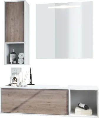 Produktbild von Vladon Badmöbel Komplettset La Costa,  Germany, Korpus in Weiß matt / Fronten in Eiche Nordic, mit LED Spiegel
