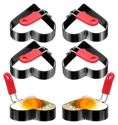 Produktbild von 6 Stück Herzform Spiegeleiformen 9 cm mit Antihaftbeschichtung und Silikon-Klappgriff für Spiegeleier, Sandwiches, Pfannkuchen und Hackbraten, Schwarz