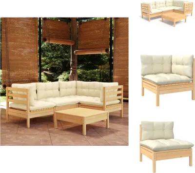 Produktbild von vidaXL 5-tlg. Garten-Lounge-Set mit Creme Kissen Kiefernholz -  Gartenmöbel-Sets