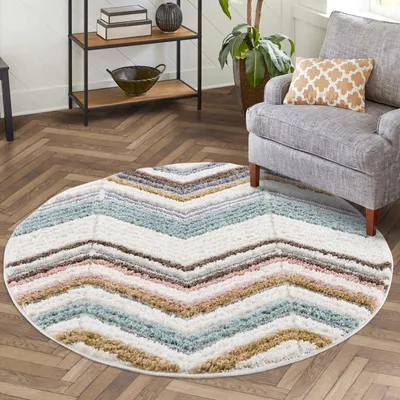 Produktbild von Teppich Hochflor Wohnzimmer - 120 cm Rund in Creme - Chevron-Muster Modern 3D-Effekt