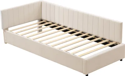 Produktbild von Polsterbett 90x200cm Sofabett (Ohne Matratze) Multifunktionsbett Einzelbett Schlafsofa Tagesbett Gästebett Jugendbett Mit Lattenrost Samtstoff Beige