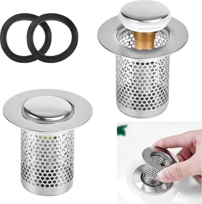 Produktbild von 2 Stück Abflussfilter Waschbeckenstöpsel Edelstahl Waschbecken Stöpsel Pop Up Ablaufgarnitur Stöpsel zum Drücken Ablaufventil mit Anti Clogging Sieb Abflusssieb für 34-38mm Abflussloch