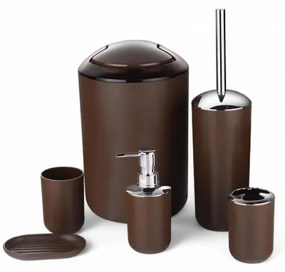 Produktbild von 6tlg Badset Badezimmer Zubehör Set Organizer: (Braun Design 3) Seifenspender, Zahnputzbecher, Kosmetikeimer, WC Bürste, Seifenschale, Mülleimer