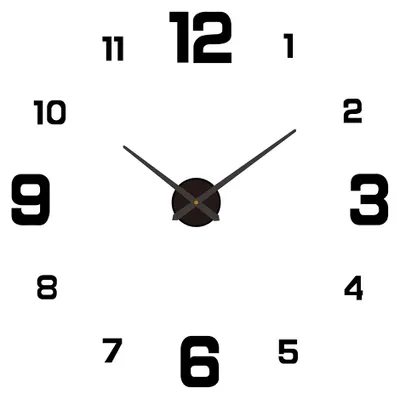 A close-up view of a wall clock with black numbers and hands on a white background.