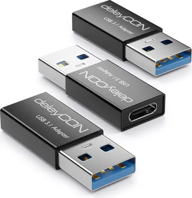 Produktbild von deleyCON USB C auf USB Adapter [3 Stück] C Buchse auf A Stecker USB 3.1 Adapter 5Gbit/s - für PC Computer Laptop Notebook Aluminium Schwarz