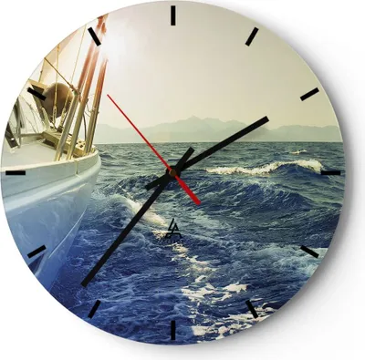 Produktbild von Wanduhr - Rund - Glasuhr - Yacht Segelboot Sonne - 40x40cm - Schleichendes Uhrwerk - Lautlos - zum Aufhängen bereit - Dekoration Modern - Wanddekoration aus Glas - C3AR40x40-4138