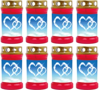 Produktbild von Grabkerze Rot 8er Pack, Brenndauer: 40 Stunden ( je Kerze ), Motiv: Herz