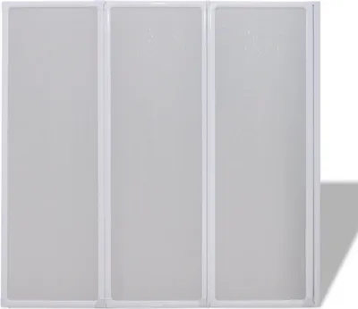 A white, three-panel folding shower screen is shown against a white background.