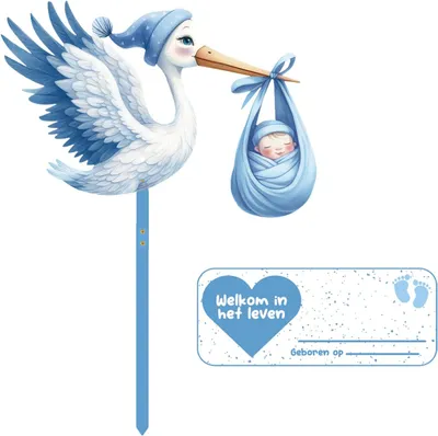 Produktbild von Klapperstorch Baby Geboorte Set, Holzstorch 81 cm, Beidseitig Bedruckt, Wasserdicht, Inklusive Namensschild